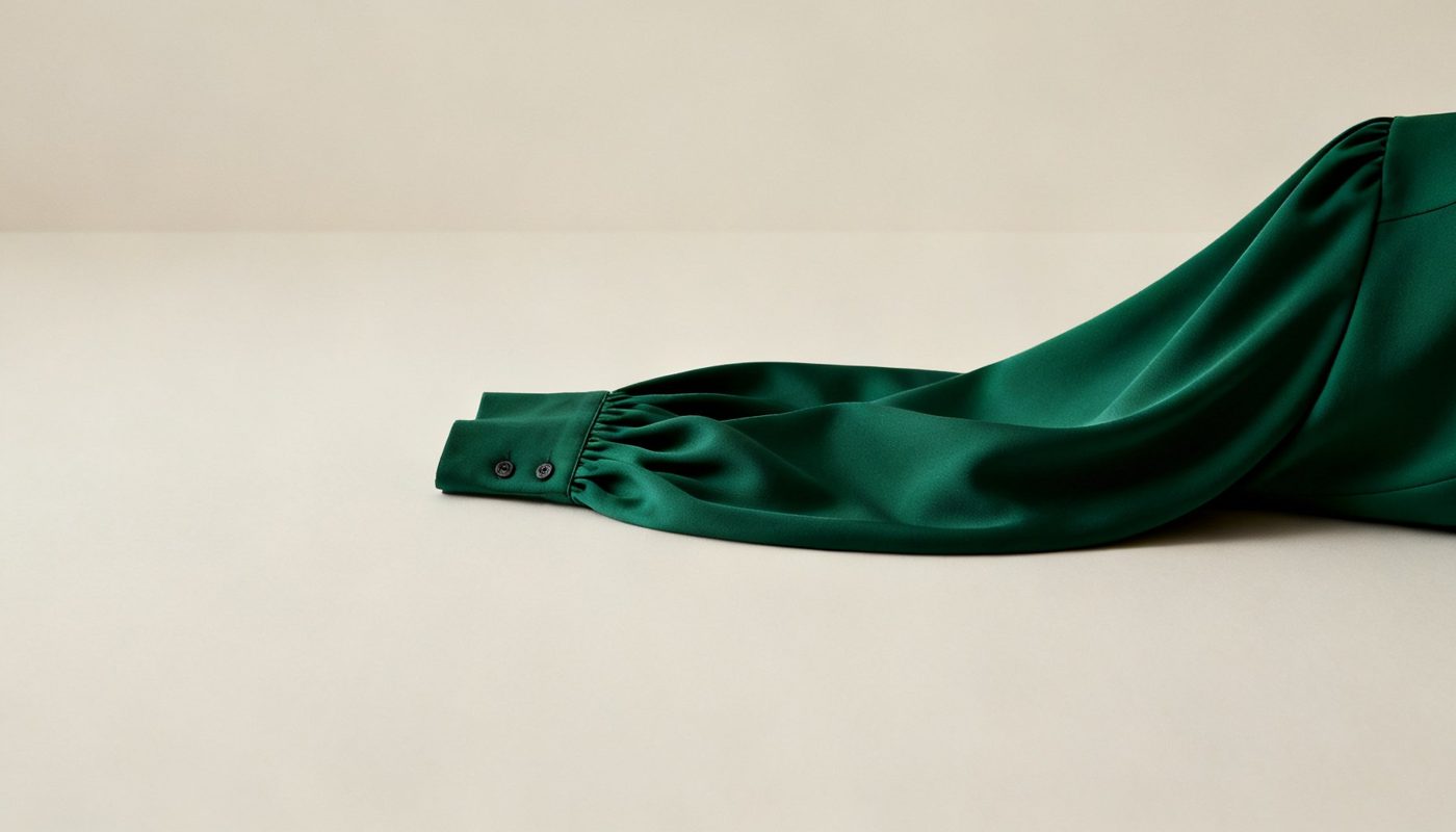 A green satin sleeve laid across a pale surface