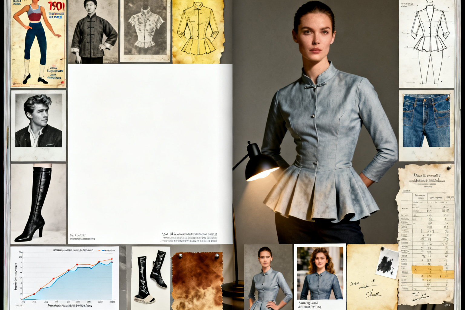 A lookbook spread open across two pages, garments on a pale ground
