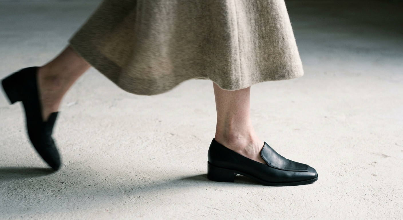 Two black loafers mid-step below a heavy hem