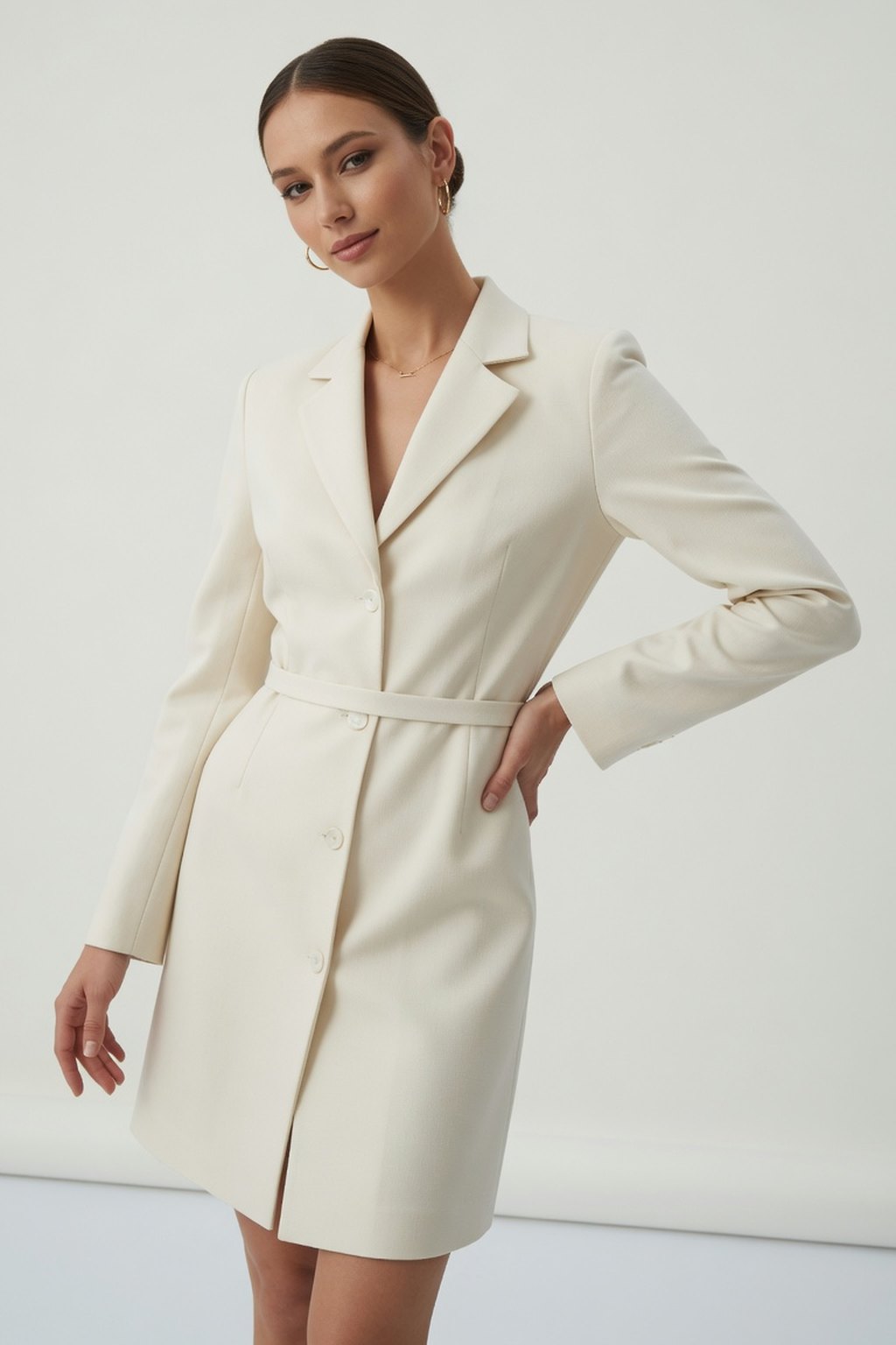 A white coat dress buttoned to the hem, hand at the waist