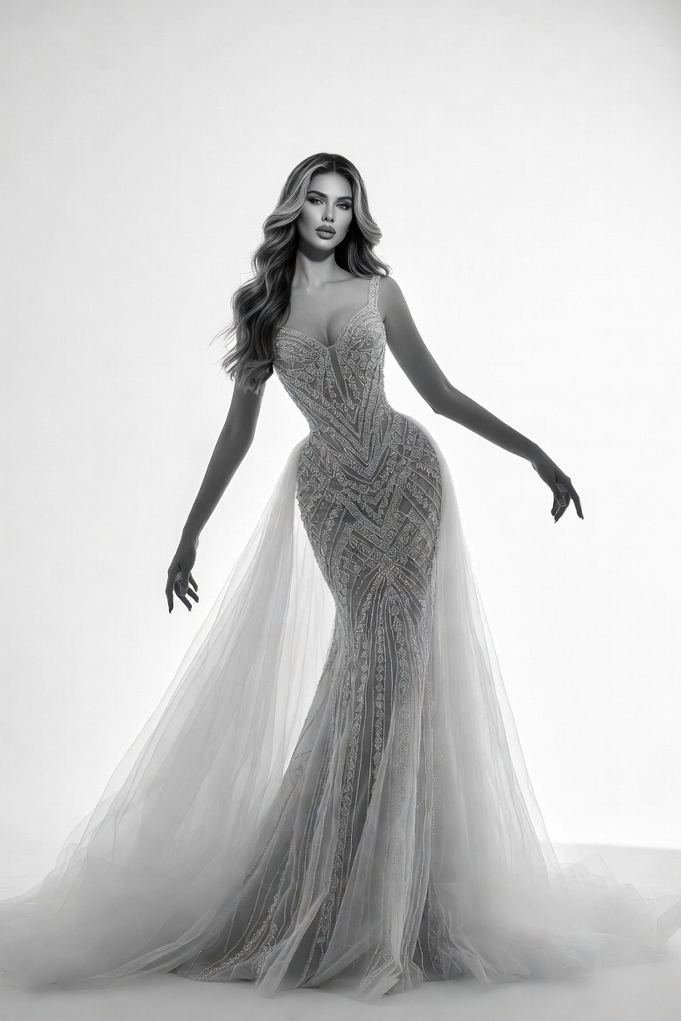 A pale tulle gown against a white ground, the skirt trailing left