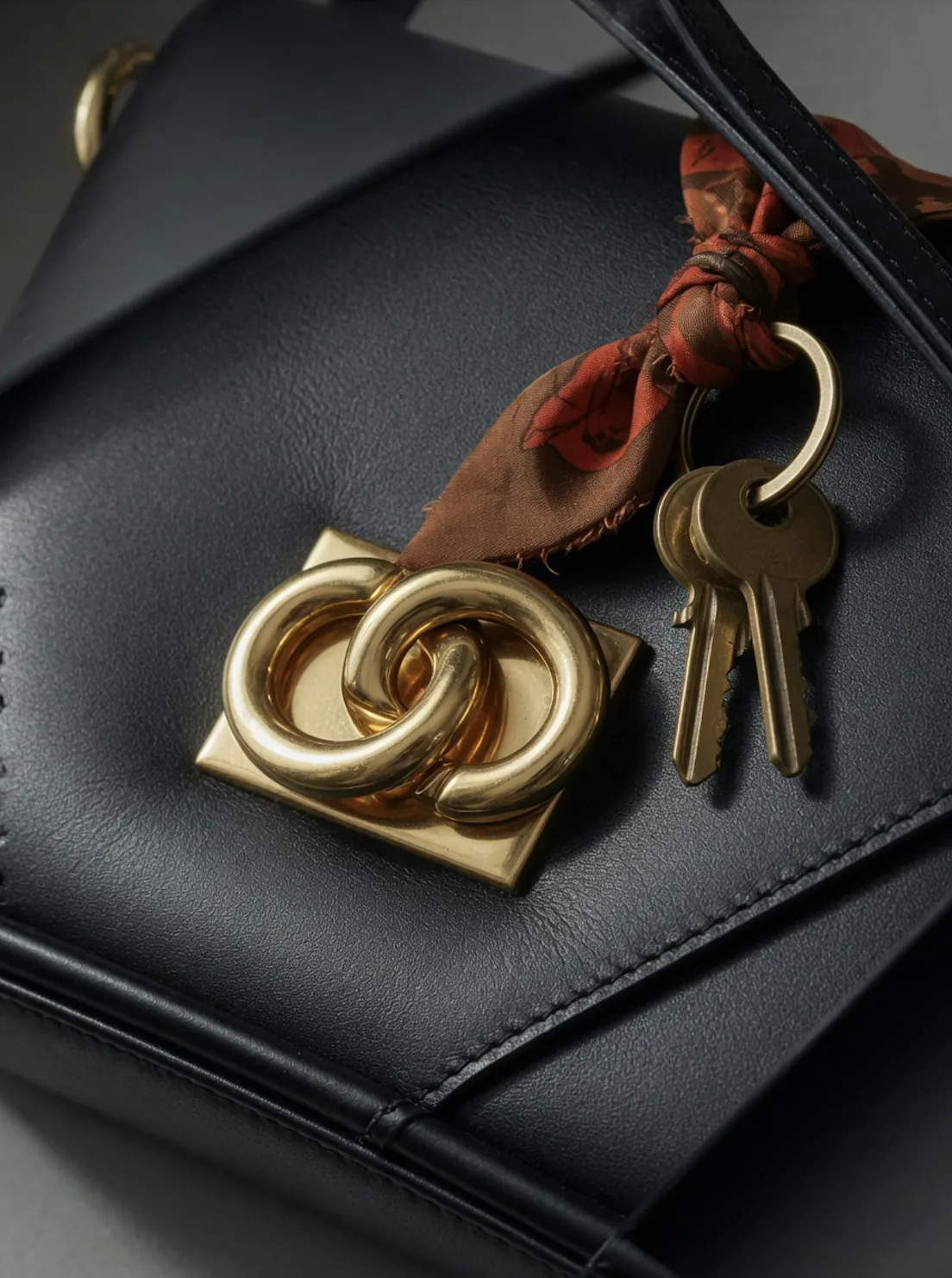 A gold clasp and keys resting on black leather