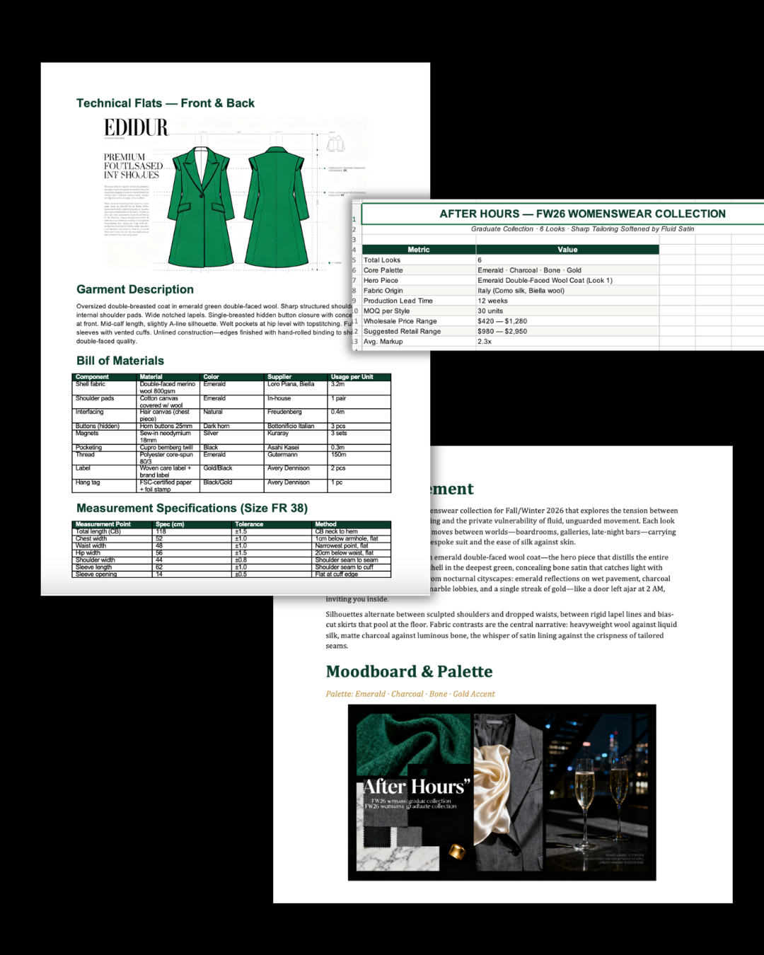 A wholesale line sheet laid out in a grid, styles with codes and colourways