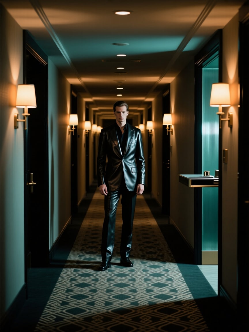 A corridor of doors in brand green, a frame rendered by McLeuker AI